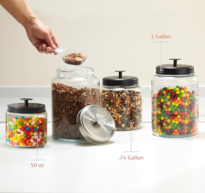 KooK Glass Storage Containers with Lids, 1 Gallon, Set of 2, Glass Canister, Laundry Jar, Kitchen Jar, Storage for Pantry, (3.7, Circular, Silver)