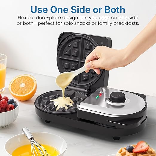 Double Belgian Waffle Maker with 2 Adjustable Temp Knobs, Electric Waffle Machine with Indicator Light, Nonstick Heart Waffle & Classic Waffle Iron, Breakfast Maker, Easy to Clean, Silver