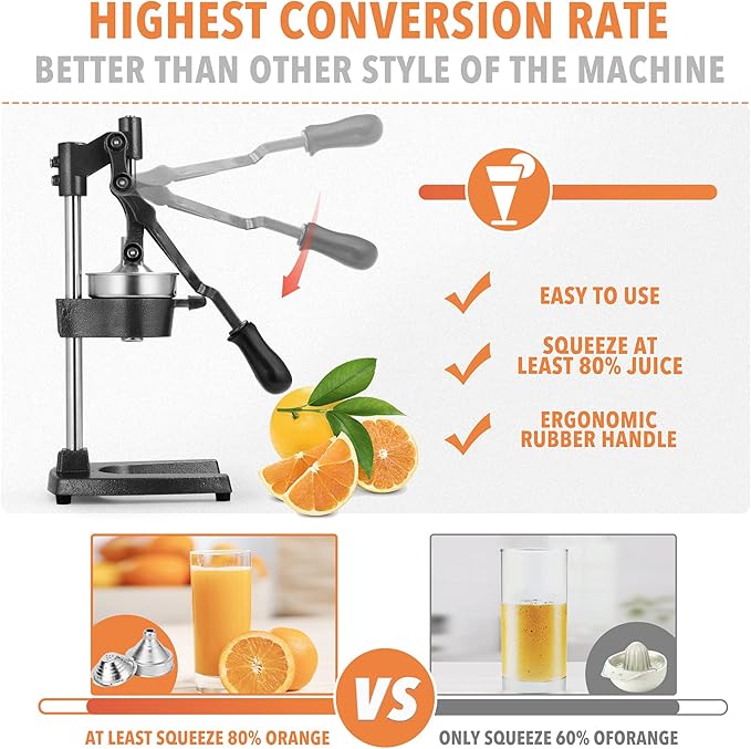 19 Inch Height Extra Tall Commercial Heavy Duty Cast Iron Hand Press Manual Orange Citrus Lemon Lime Grapefruit Pomegranate Fruit Juice Squeezer Machine with Stainless Steel Cup Black