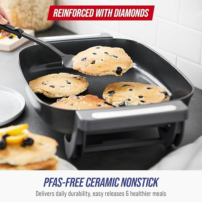 Blue Diamond 7QT 5-in-1 Extra Large Electric Skillet, Healthy Ceramic Nonstick Interior, Non-Toxic PFAS-Free, Temperature Control, Stay Cool Handles, Easy Clean, Graphite