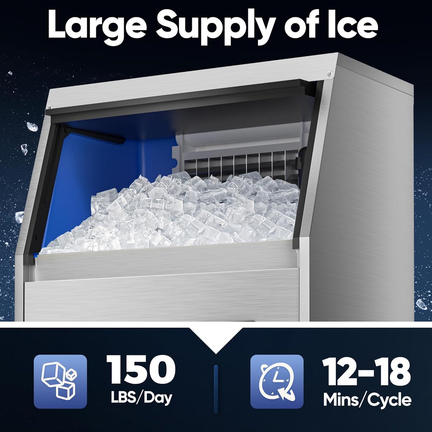 Commercial Ice Maker Machine, 150LBS/24H Ice Maker Machine with 35LBS Ice Storage Capacity, Freestanding Under Counter Ice Machine for Home Bar Office Restaurant
