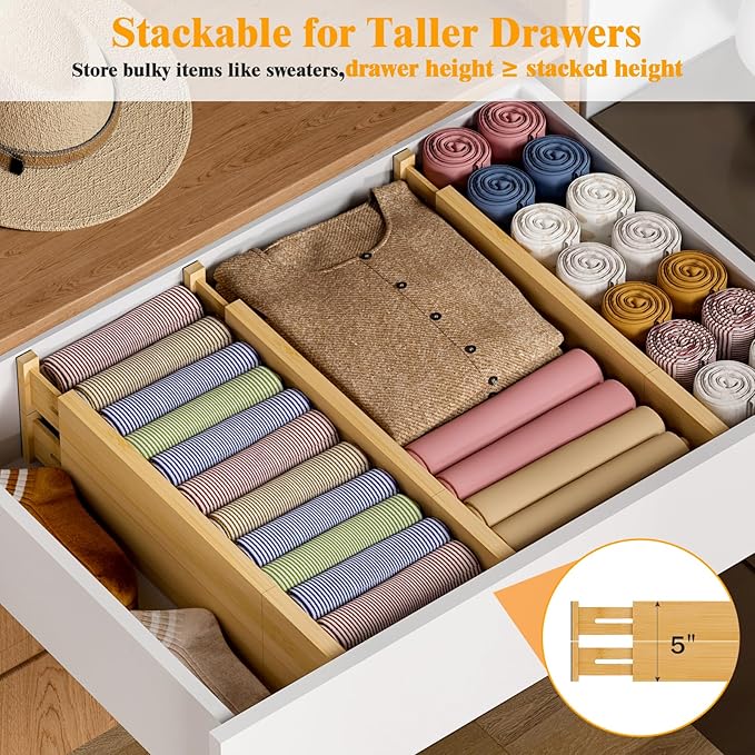 Bamboo Drawer Dividers,12-21" Adjustable Drawer Organizers for Clothes,Expandable Dresser Separators in Kitchen/Bedroom/Bathroom/Vanity/Office Organization and Storage,4-Pack