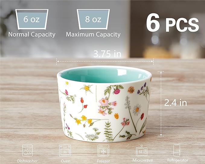 ONEMORE 6 oz Ramekins Oven Safe, Floral Ceramic Ramekin Set of 6 Mint Green Ramekins for Baking & Serving, Creme Brulee Dishes, Custard Pudding Souffle Cups, Small Dessert Bowls for Oven, Air Fryer