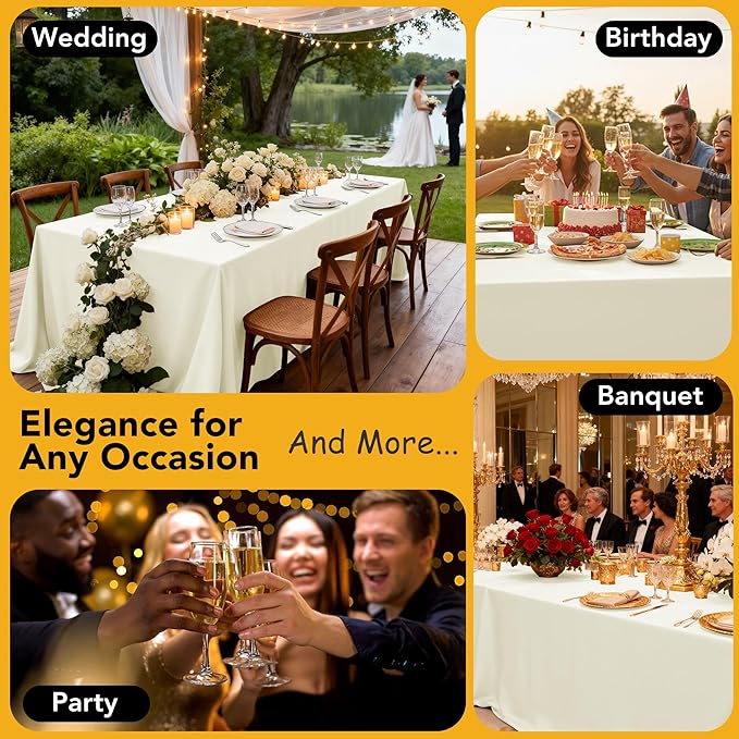 6-Pack Ivory Tablecloths for Rectangle Tables, 90 x 132 Inches, Stain-Resistant Polyester Fabric for 8 Foot Tables - Washable Table Covers for Weddings, Banquets, Birthday Parties, Events