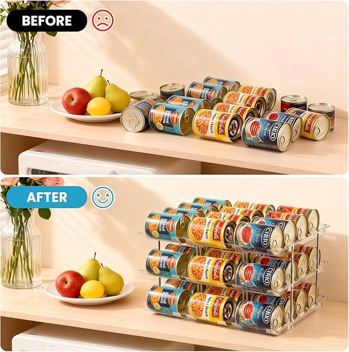 Can Organizer for Pantry, 4 Tier Canned Food Goods Storage Organizer, Clear Soda Can Organizer for Refrigerator Stackable Can Dispenser Rack Holders for Pantry Cabinet Fridge Countertop, Holds 48 Cans