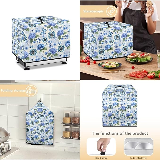 Food Slicer Cover Home Kitchen Electric Appliance Cover Waterproof Fabric Dust-Proof Durable Cheese Bread Meat Slicer Cover with Side Pocket and Top Handle, Blue Hydrangea Butterfly Print