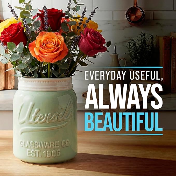 Comfify Wide Mouth Mason Jar Utensil Holder Decorative Kitchenware Organizer Crock, Dishwasher Safe - Kitchen Caddy Green, Large Size 7" Hight