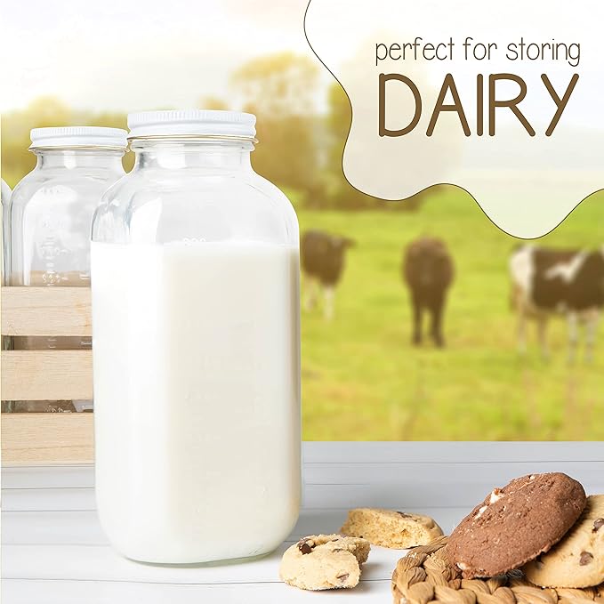 kitchentoolz 32oz Square Glass Milk Bottle with White Metal Airtight Lids - Vintage Reusable Milk Jugs - Dairy Drinking Containers for Milk, Yogurt, Smoothies, Kefir, Kombucha, and Water