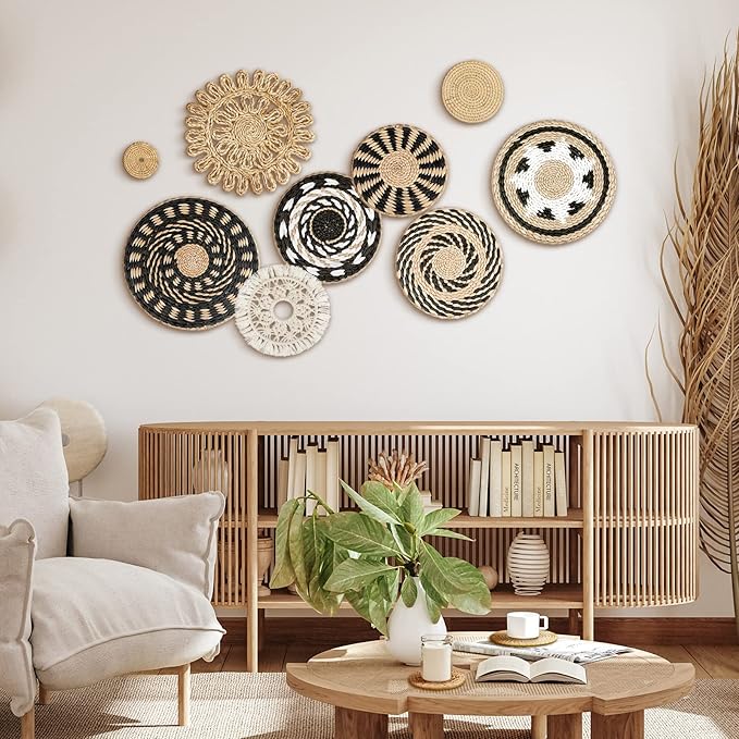 Tatuo 11 Pcs Boho Wall Basket Decor Bulrush Woven Wall Hanging Art Round Farmhouse Rustic Handmade Wicker for Summer Home, Bedroom, Living Room, Kitchen Decorations, Multi Sizes(Boho)