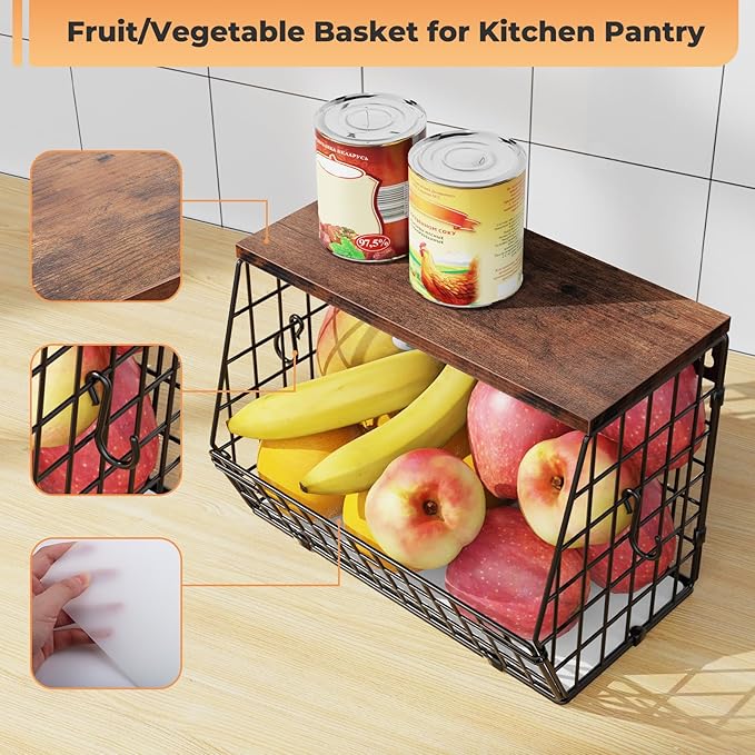 Wawocs Fruit Basket for Kitchen Counter, Fruit Bowl Stackable Wall Mounted Hanging Fruit Basket Wire Basket with Wood Lid with Banana Hanger Hooks, Onion,Potato,Fruit and Vegetable Storage