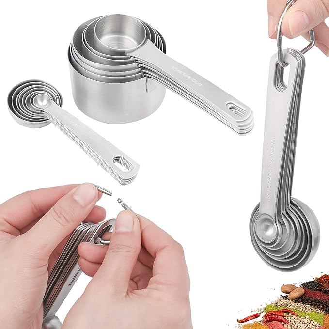 Smithcraft 18/8 Stainless Steel Measuring Cups and Spoons Set, Metric & US Metal Measure Cup and Spoon for Baking & Kitchen, Heavy Duty 7 Measuring Cups & 8 Spoons With Leveler