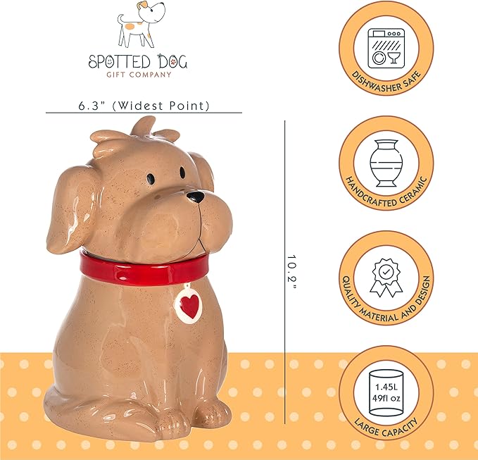 SPOTTED DOG GIFT COMPANY Ceramic Cookie Jar with Lid, Large Dog Treat Jar for Cookies & Biscuits, Cute Novelty Storage Container for Kitchen Counter, Gifts for Dog Lovers - 49oz Brown