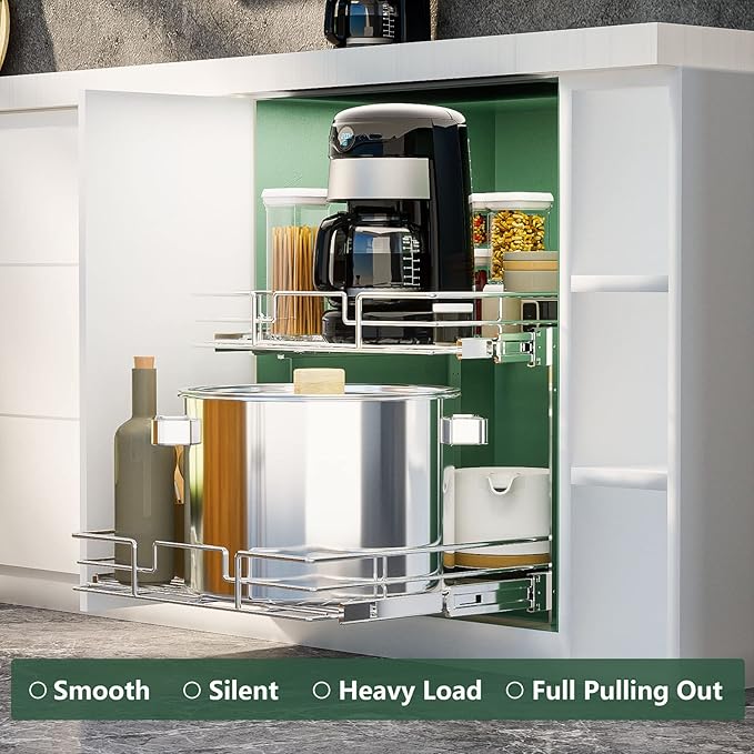 LOVMOR 2 Tier Individual Pull Out Cabinet Organizer 11½" W x 21½" D, Slide Out Kitchen Cabinet Storage Sliding Shelves