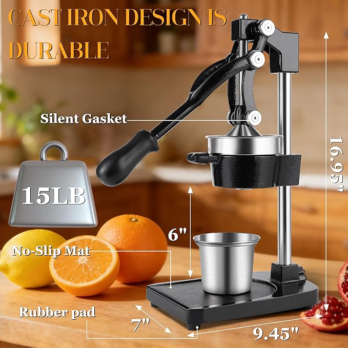 Cast Iron Manual Juicer Hand Press, Lemon Squeezer, Commercial-Grade Citrus Press Suitable for Oranges, Lemons, Limes, and Pomegranates Easy to Clean Includes Stainless Steel Cup, Black