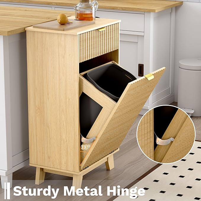 Double Tilt Out Laundry Hamper Cabinet, 20 Gallon Wooden Trash Can Cabinet with Drawers, Hidden Fluted Bathroom Storage Cabinet for Kitchen, Living Room (Natural Wood, 39.34"W x 35.83"H x 13"D)