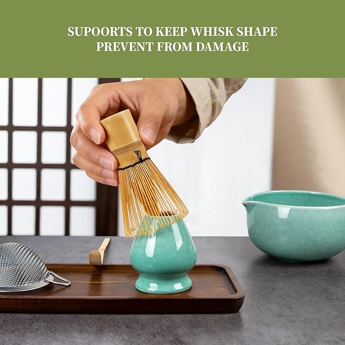 YIBO Matcha Whisk Set, Matcha Kit Bamboo Whisk and Ceramic Bowl with Spout & Measuring Spoon & Cup, Japanese Ceremony Matcha Tea Making Tools Blue