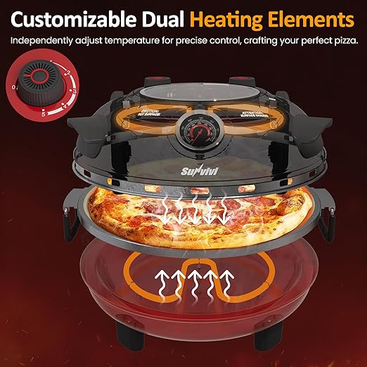 Pizza Oven Indoor Outdoor: Heats up to 770℉, Up to 12" Electric Countertop Pizza Maker with Viewing Window, Dual Temp Control Knob, Portable Pizza Cooker Warmer, Pizza Stone, Pizza Peel