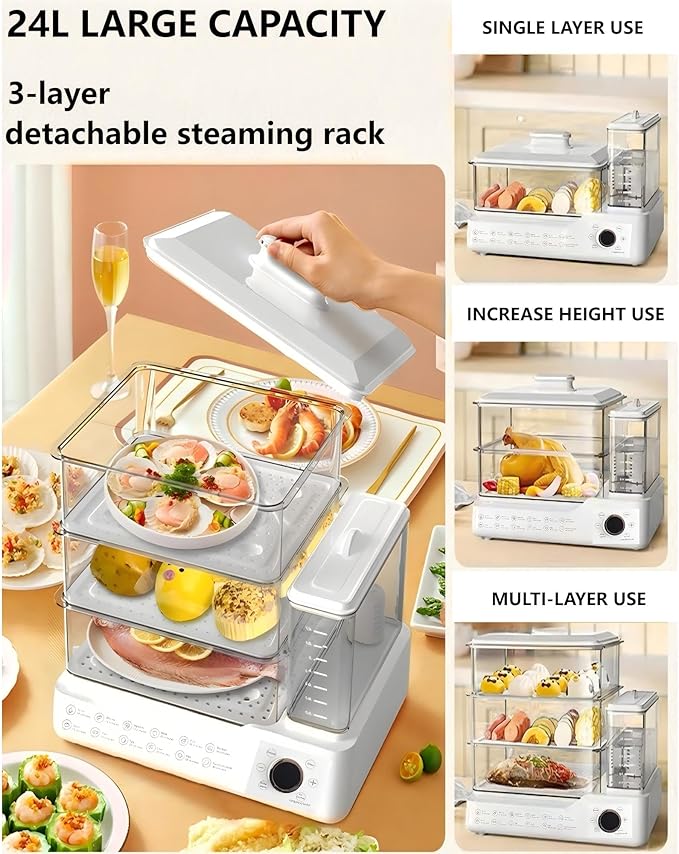 24L Electric Steamer, Three-Layer Food Steamer, Stainless Steel Steamer With Detachable Water Tank, 800w Large Capacity Breakfast Machine With Timer, Suitable For Families And Gatherings