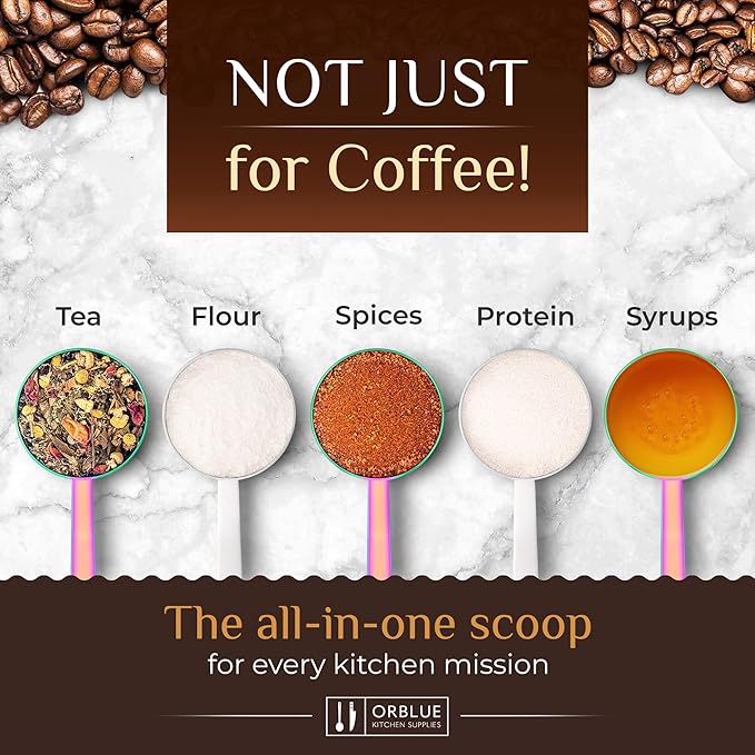 Orblue Premium Coffee Scoop Set - 1 Tbsp (15ml) & 2 Tbsp (30ml) Measuring Tablespoon - Stainless Steel Coffee Measuring Spoon and Scooper with Long Handles - Pack of 2, Multicolored