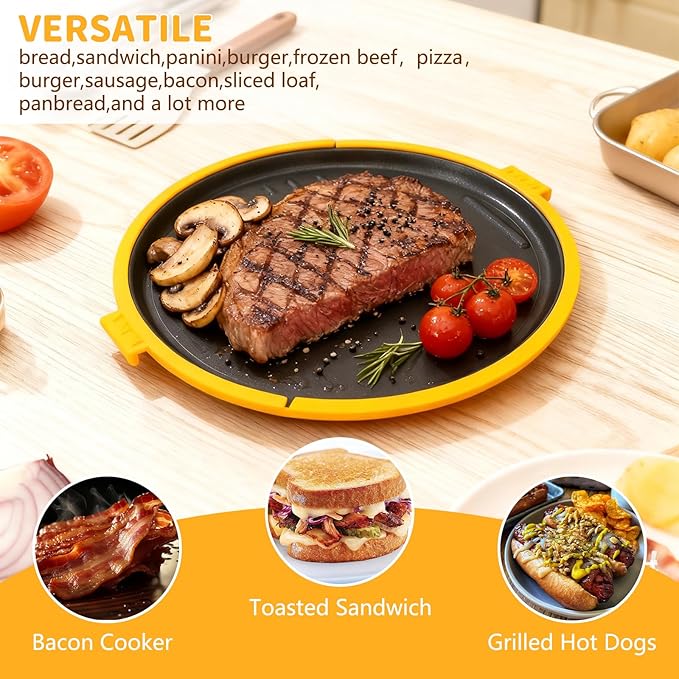 9.5" Microwave Grill Pan & Crisper Tray - 5-in-1 Nonstick Sandwich Maker, Pizza Pan & Bacon Cooker with lid,Dishwasher Safe Griddle for Grilled Cheese - College Dorm Room & Office Essentials