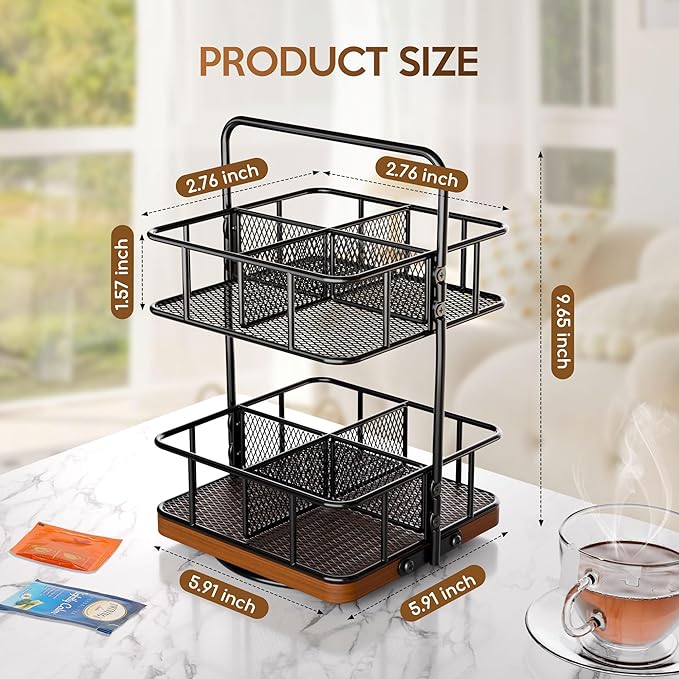 Rotating Tea Bag Organizer – 2 Tier 8 Basket 360° Spinning Teabag Holder Organizer, Acacia Wood Iron Countertop Tea Accessories Rack Holds 100+ Tea Bags, Decorative Kitchen, Coffee Bar Organizer Gift