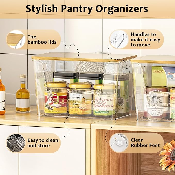 Delamu 4 Pack Pantry Organizers and Storage,Trash Bag Dispenser with Bamboo Top,Stackable Trash Bag Dispenser Under Sink Organizer for 4-30 GalBags,Onion,Potato,Fruits,Clear