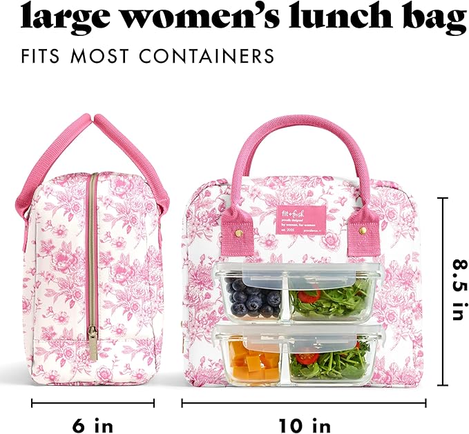 Fit & Fresh Bloomington Lunch Bag for Women - Insulated Large Lunch Box for Work with Containers, Leak-Resistant, Stain-Resistant, Zipper Closure, Pink Floral Toile