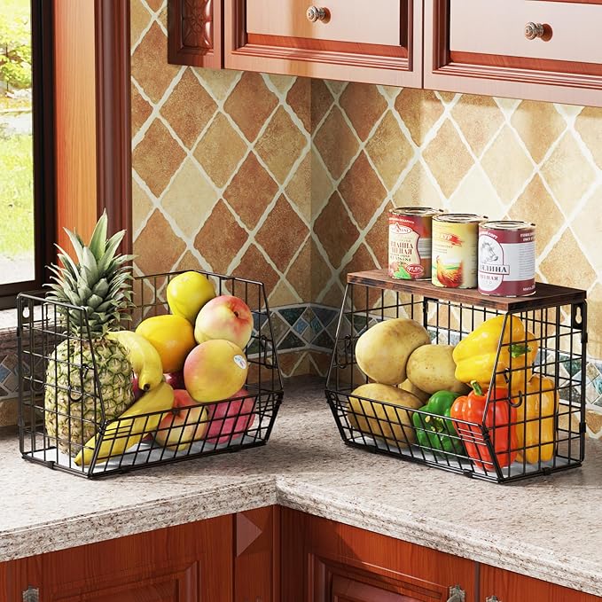 Wawocs Fruit Basket for Kitchen Counter, Fruit Bowl Stackable Wall Mounted Hanging Fruit Basket Wire Basket with Wood Lid with Banana Hanger Hooks, Onion,Potato,Fruit and Vegetable Storage