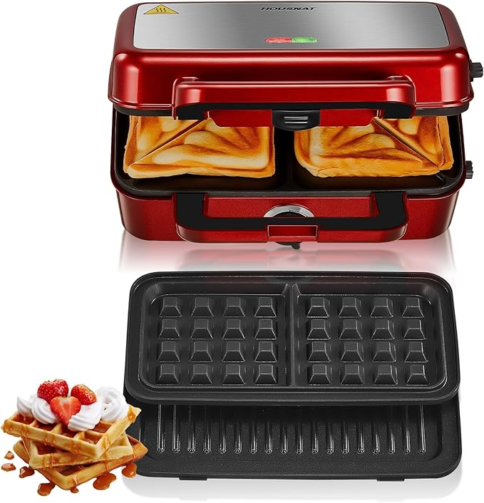 HOUSNAT Sandwich Maker, 3 in 1 Waffle Maker with Removable Plates, 1200W Panini Press with Interchangeable Non-Stick Plates, Indicator Lights, 5-gear Temperature Control (Red)