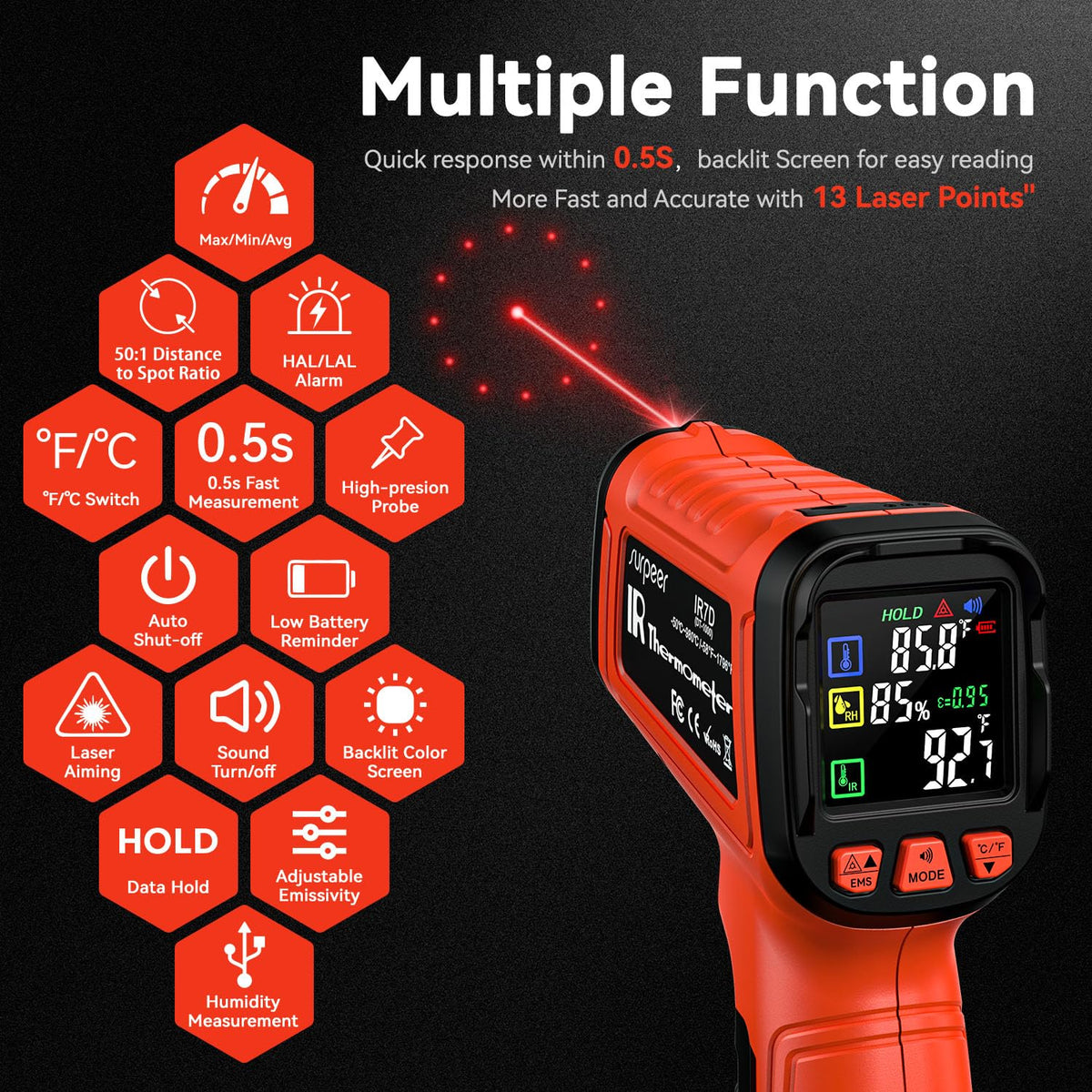 '-58°F to 2732°F Infrared Thermometer IR Laser Gun 50:1, Digital Temperature Gun/K-Type Probe -4°F~932°F, Humidity Sensor, High-Temp Pyrometer for Kiln, Forge, Furnace, Industrial Use