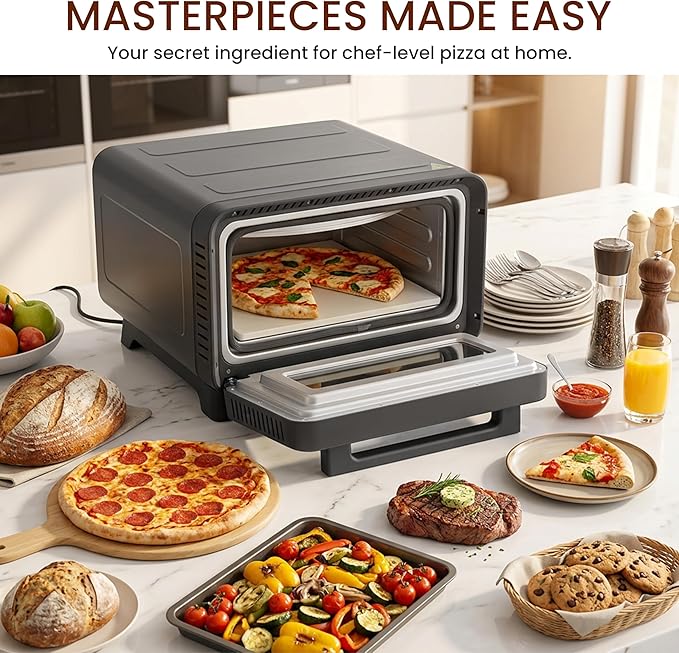 Simple Deluxe 1600W Indoor Electric Pizza Oven, 6 Cooking Modes for 12" Pizza, Fast Heating with Dual Independent Temp Control, Includes Pizza Stone & Spatula, Silver