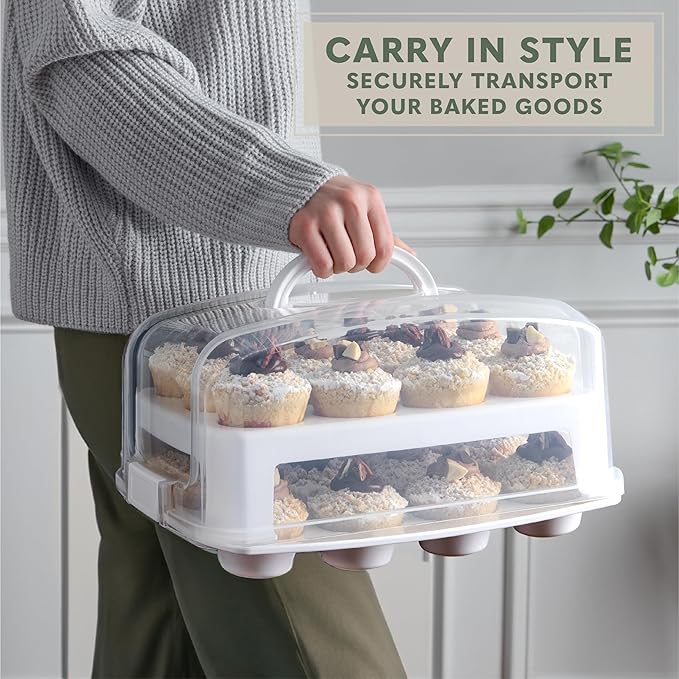 MosJos EXTRA TALL DOME Cupcake Carrier, White Cupcake Holder Carries 24 Cupcake Storage Container, Muffin Traveler Two Tier Stand Reusable Cupcake Box