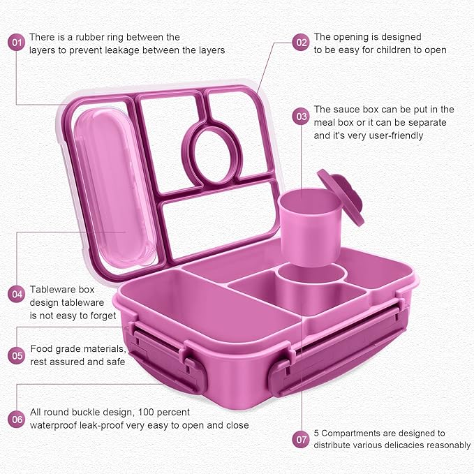 Amathley Bento Box Adult Lunch Box Kids,Lunch Containers for Adults/Kids/Toddler,5 Compartments Bento Lunch Box with Sauce Vontainers,Microwave & Dishwasher & Freezer Safe,BPA-Free (Purple)