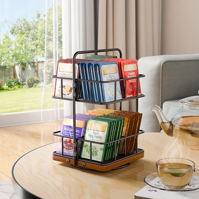 Rotating Tea Bag Organizer – 2 Tier 8 Basket 360° Spinning Teabag Holder Organizer, Acacia Wood Iron Countertop Tea Accessories Rack Holds 100+ Tea Bags, Decorative Kitchen, Coffee Bar Organizer Gift