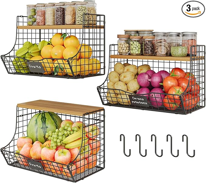 3 Pack Extra Large Fruit Basket for Kitchen with Wood Lid Nameplate - Counter&Wall Mounted Onion and Potato Storage Bin, Stackable Metal Hanging Wire Baskets,15.74 * 8.66 * 10.63 inch