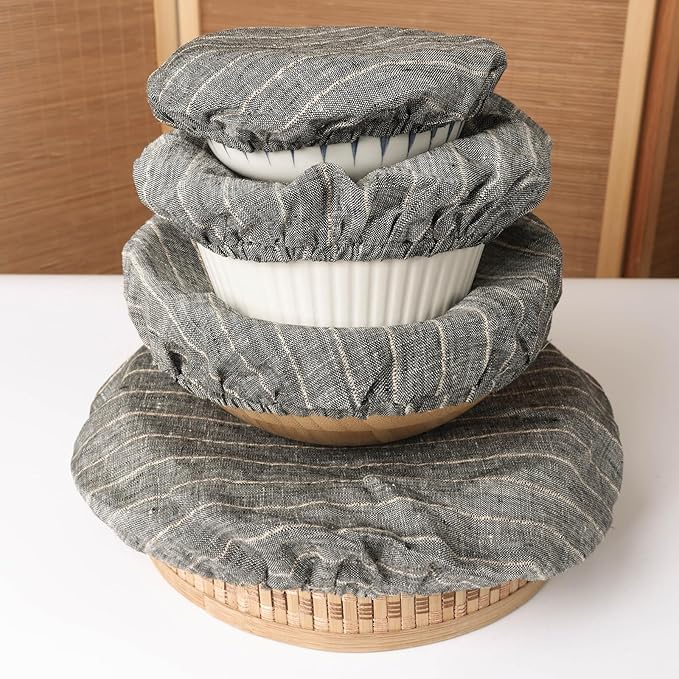 100% Linen Stripe Bowl Covers Reusable For Bread Proofing, 4 Pcs Elastic Cloth Fabric Bowl Covers, 5.9*7.9*9.8*11.8 Inches, Grey