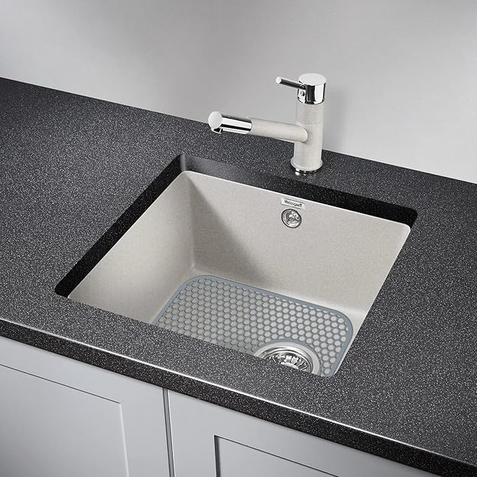 Bestjing 2 Pack Silicone Kitchen Sink Protector Mat with Rear Drain - 13.58''x 11.6'' Kitchen Sink Accessory, Folding Non-Slip Heat Resistant Mat Grid for Bottom of Porcelain Stainless Steel