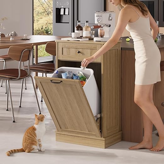 KIGOTY Tilt Out Trash Can Cabinet Trash Bin Cabinet with Hideaway Drawer Hidden Wooden Kitchen Garbage Can, Pet Proof Trash Can Holder for Kitchen (Coffee)