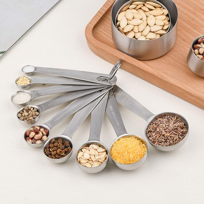 Measuring Cups and Spoons Set, 8 Stainless Steel Measuring Cups and 9 Measuring Spoons and 1 Measurer Ingredient Leveler and 1Magnetic Conversion Chart and 2 Rings