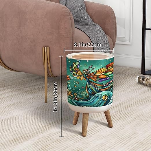 Trash Can with Lid Flower Fairy Stained Glass Art Ocean Serenity Press Top Round Small Garbage Bin with Wooden Legs Waste Basket for Kitchen Bedroom Nursery 7L/1.8 Gallon