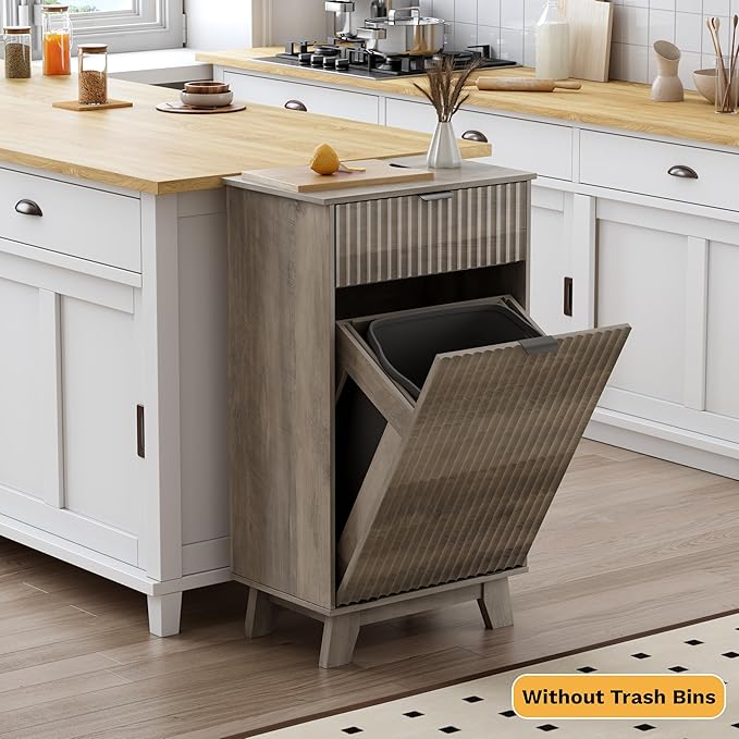 Modern Tilt Out Laundry Hamper Cabinet, 10 Gallon Wooden Trash Can Cabinet with Storage Drawers, Hidden Fluted Garbage Can Holder for Kitchen, Living Room (Wood Grey, 20.47"W x 35.83"H x 13"D)