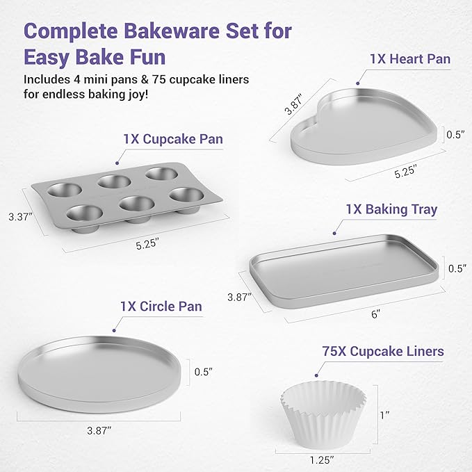 Doll Buddies Kids’ Complete Oven Pan Set for Easy Bake Ultimate Oven | 75 Cupcake Liners (15 More Than Others) | Cupcake, Circle, Heart & Rectangular Bake Pans | Gift Accessories for Easy Bake Mixes