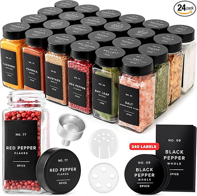 EDELHAUS Glass Spice Jars with Label and Black Lids (24 x 4oz) Spice Containers with 240 Labels, Shaker Inserts, Steel Funnel, Empty Square Empty Square Seasoning Organizer