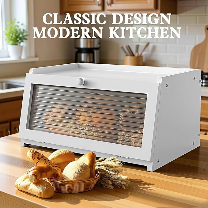 LOHASOK Bread Box for Kitchen Countertop Large Farmhouse Bread Container Bread Storage with Window Wooden Bread Holder White