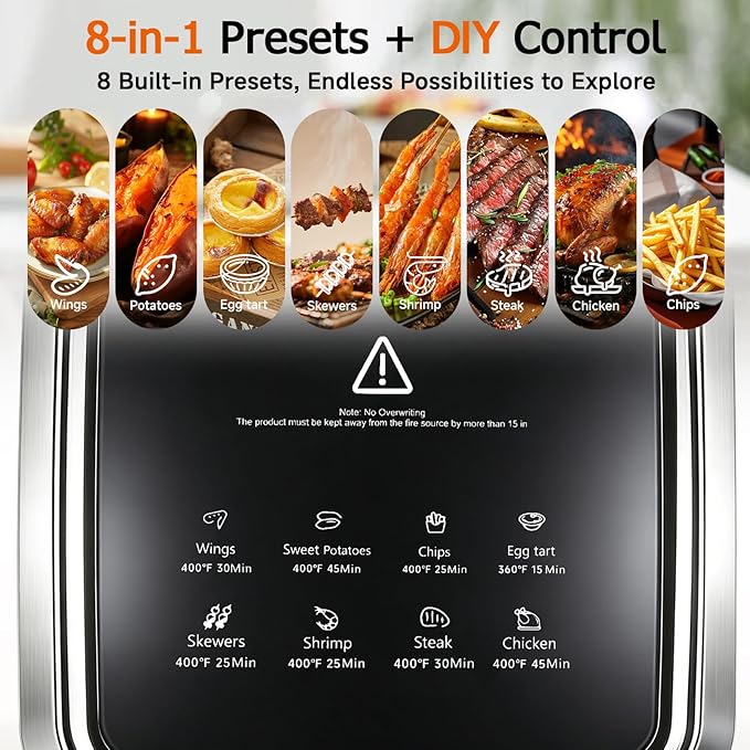Glass Air Fryer, Portable Air Fryer with 6.0QT Glass Container, Adjustable Temp & Time, Overheat & Power-Off Protection, 8-in-1 Non Toxic AirFryer for Quick Easy Meals
