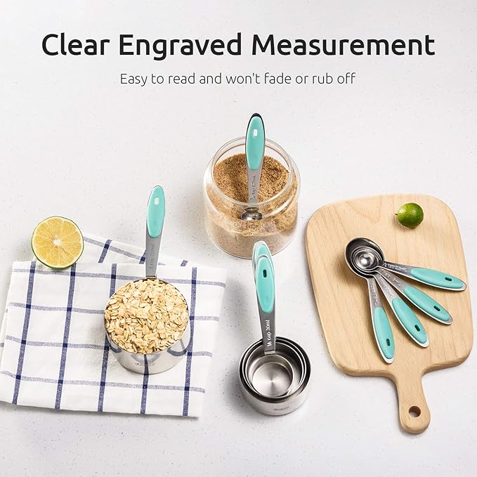 U-Taste 10 Piece Measuring Cups and Spoons Set in 18/8 Stainless Steel, and 600ºF Heat Resistant 13 inch Large Non-Stick Silicone Soup Ladle (Aqua Sky)