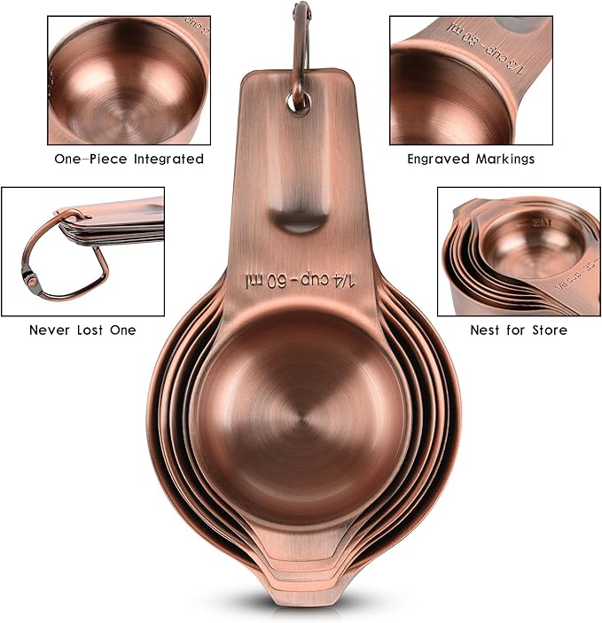 Copper Measuring Cups Set 7, Stainless Steel Measuring Cups for Kitchen & Baking, Metric & US Measuring Tools for Dry and Liquid, Metal Measure Cups with 1/8, 1/4, 1/3, 2/3, 3/4 Cup