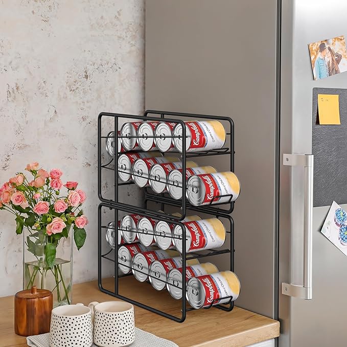 MOOACE 4 Pack Can Dispenser Rack, Stackable Soda Can Organizer Holder for Canned Food Storage Kitchen Cabinet Pantry Countertop, Black