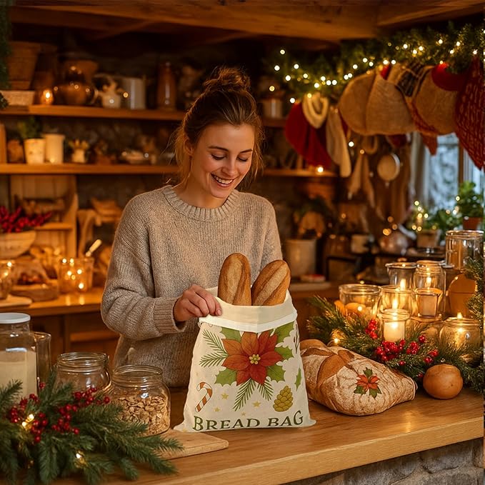 5PCS Christmas Beeswax Bread Bags Set – 2 Reusable Bread Bags + 3 Wax Paper Sheets,Eco-Friendly Beeswax Wraps for Food,Homemade Sourdough,Cheese,Snacks & Fruit,Holiday Gift for Bakers Kitchen Lovers