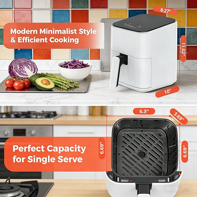 HealSmart 3.17 Qt Compact Air Fryer, 8-in-1 Digital Small AirFryer with 400°F, Nonstick Dishwasher-Safe Basket, Auto Shutoff, Overheat Protection, for Quick Healthy Meals, White